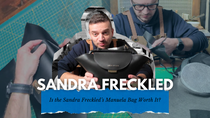 Tanner Leatherstein reviewing the Sandra Freckled Manuela bag with leather crafting visuals in the background.