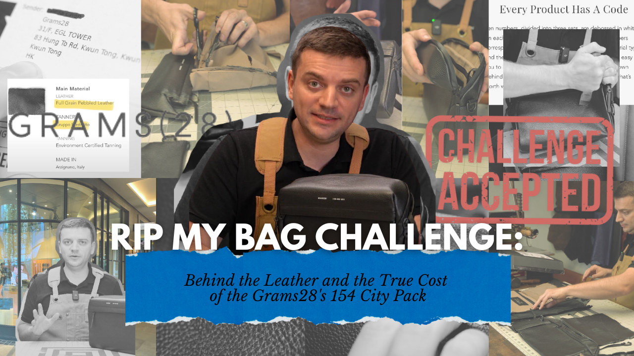 Image of Tanner Leatherstein holding Grams28's 154 City Pack during a 'Rip My Bag Challenge,' with scenes of leather testing, product details, and quality inspection.