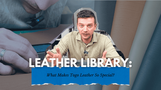 Tanner Leatherstein discussing Togo leather in a PEGAI Leather Library episode, with close-up shots of genuine Togo leather textures and craftsmanship tools in the background. Text on image reads “Leather Library: What Makes Togo Leather So Special?”