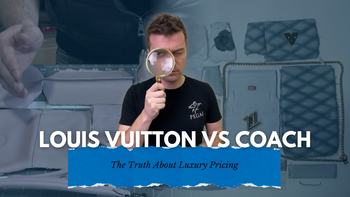 “Tanner Leatherstein examining luxury bags with a magnifying glass, with text ‘Louis Vuitton vs Coach — The Truth About Luxury Pricing.’”