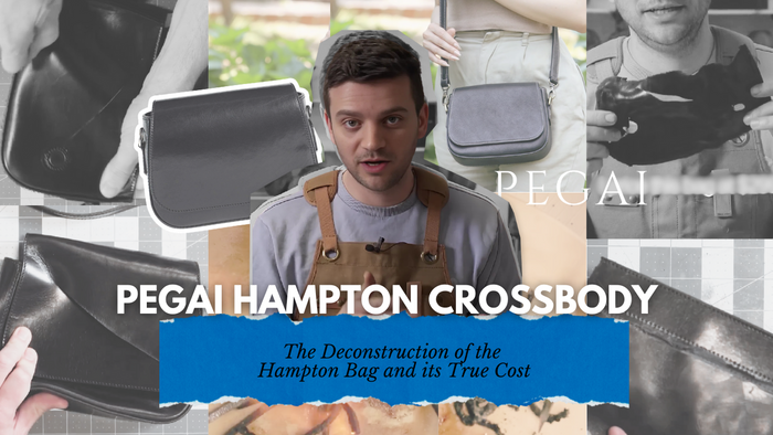 Image of Tanner Leatherstein analyzing the PEGAI Hampton Crossbody bag, highlighting its craftsmanship, design, and cost through detailed deconstruction.
