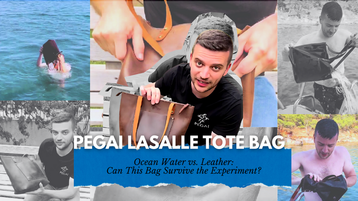 Tanner Leatherstein testing the Pegai Lasalle Tote Bag by submerging it in ocean water. Highlights leather durability and craftsmanship in a unique experiment.