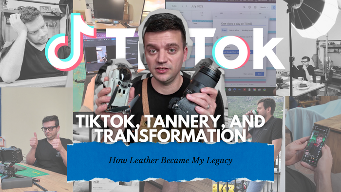 Collage featuring Tanner Leatherstein's journey from tannery craftsmanship to TikTok influencer. Highlights include content creation, leatherwork, and storytelling transformation.