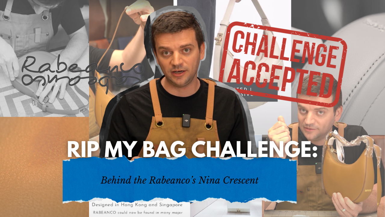 The image features a collage titled "RIP MY BAG CHALLENGE: Behind the Rabeanco’s Nina Crescent." It shows a person wearing a leather apron, with various scenes of the Rabeanco Nina Crescent bag being handled and inspected. One scene includes a close-up of