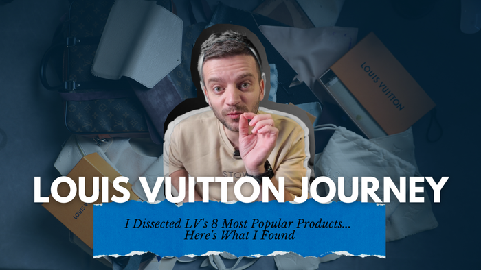 “Tanner Leatherstein discussing a Louis Vuitton investigation, with LV bags and boxes in the background and text reading ‘Louis Vuitton Journey.’”