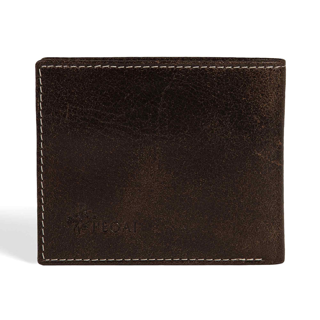 PEGAI Edward bifold wallet in dark brown Old England veg-tan bull leather, closed front view with embossed PEGAI pegasus logo at lower left and cream contrast stitching along edges. 