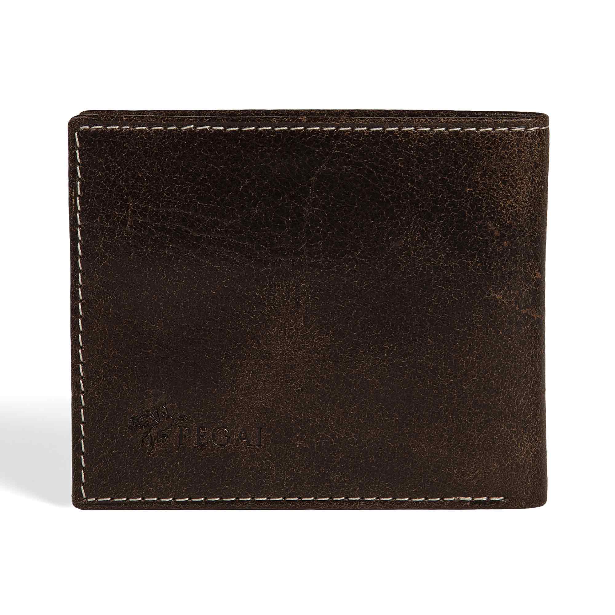 PEGAI Edward bifold wallet in dark brown Old England veg-tan bull leather, closed front view with embossed PEGAI pegasus logo at lower left and cream contrast stitching along edges. 