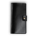 Clark Leather Checkbook Cover in Dexios Black, closed and laid flat on a white surface. Premium top-grain Dexios calfskin in a deep glossy black with smooth pull-up surface sheen and subtle natural grain variation. No visible exterior stitching on this colorway. A small leather tab with an antique brass snap closure sits centered on the right edge.