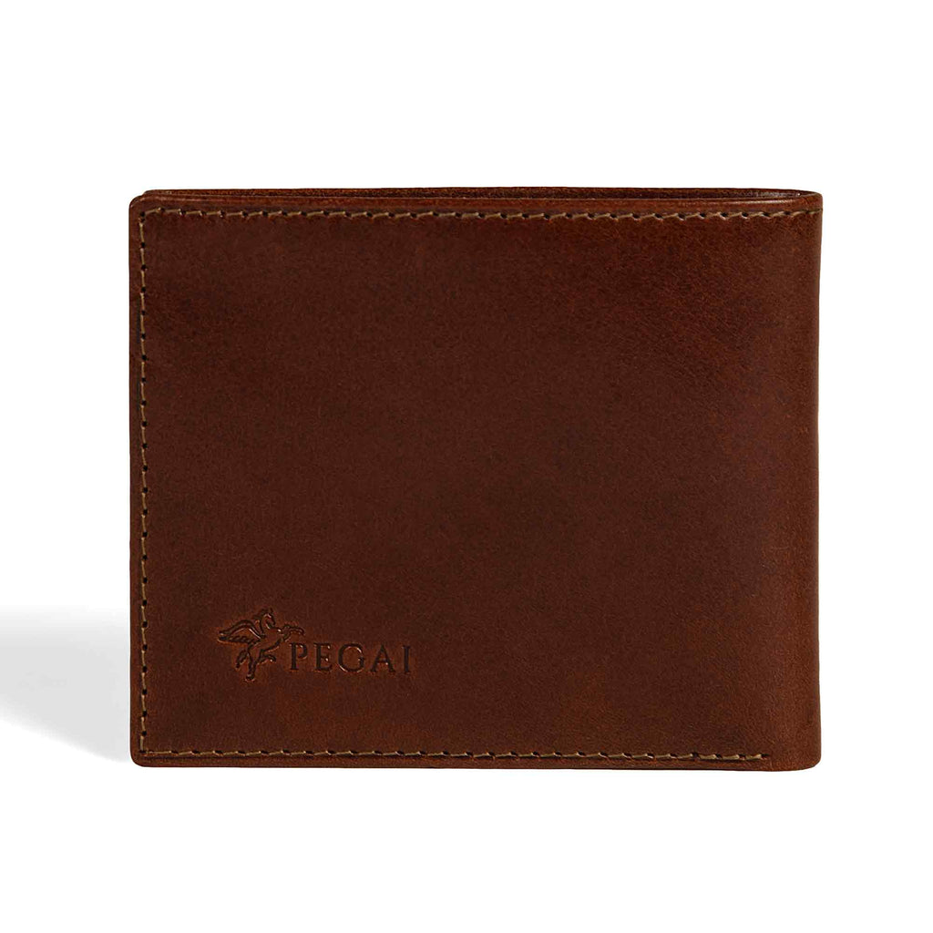 PEGAI Edward bifold wallet in rum brown Old England veg-tan bull leather, closed front view with embossed PEGAI pegasus logo at lower left and tan contrast stitching along edges. 