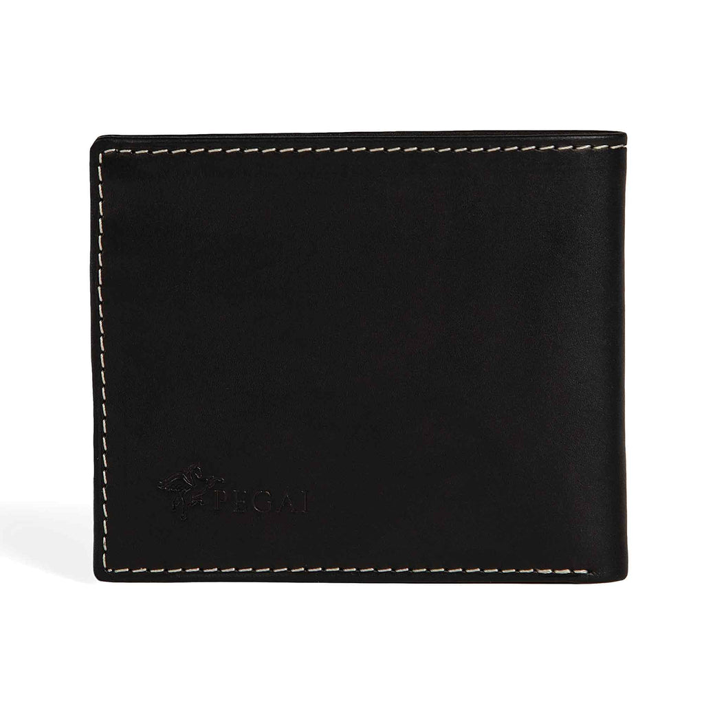 PEGAI Edward bifold wallet in Black Cevoli veg-tan bull leather, closed front view with embossed PEGAI pegasus logo at lower left and cream contrast stitching along edges.