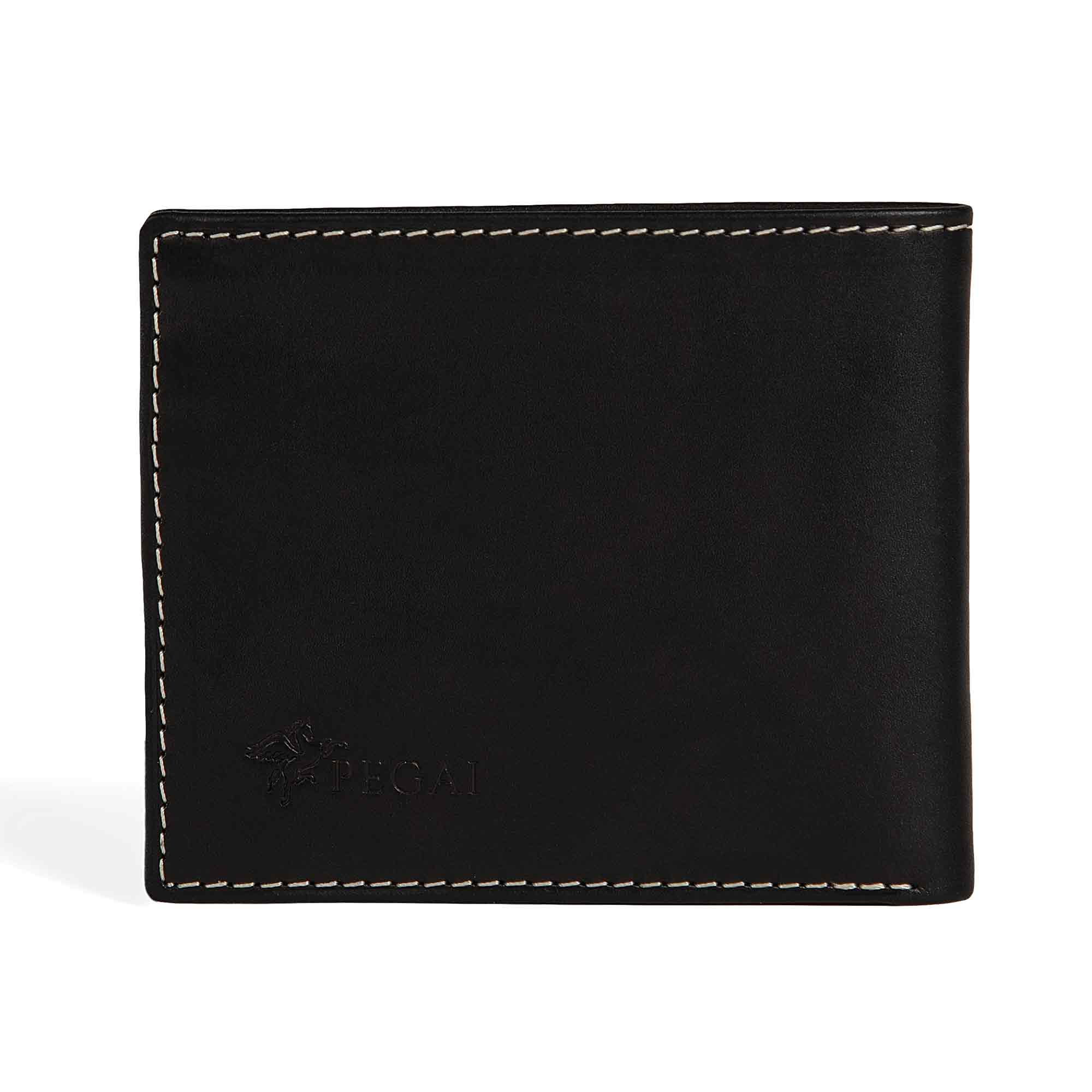 PEGAI Edward bifold wallet in Black Cevoli veg-tan bull leather, closed front view with embossed PEGAI pegasus logo at lower left and cream contrast stitching along edges.
