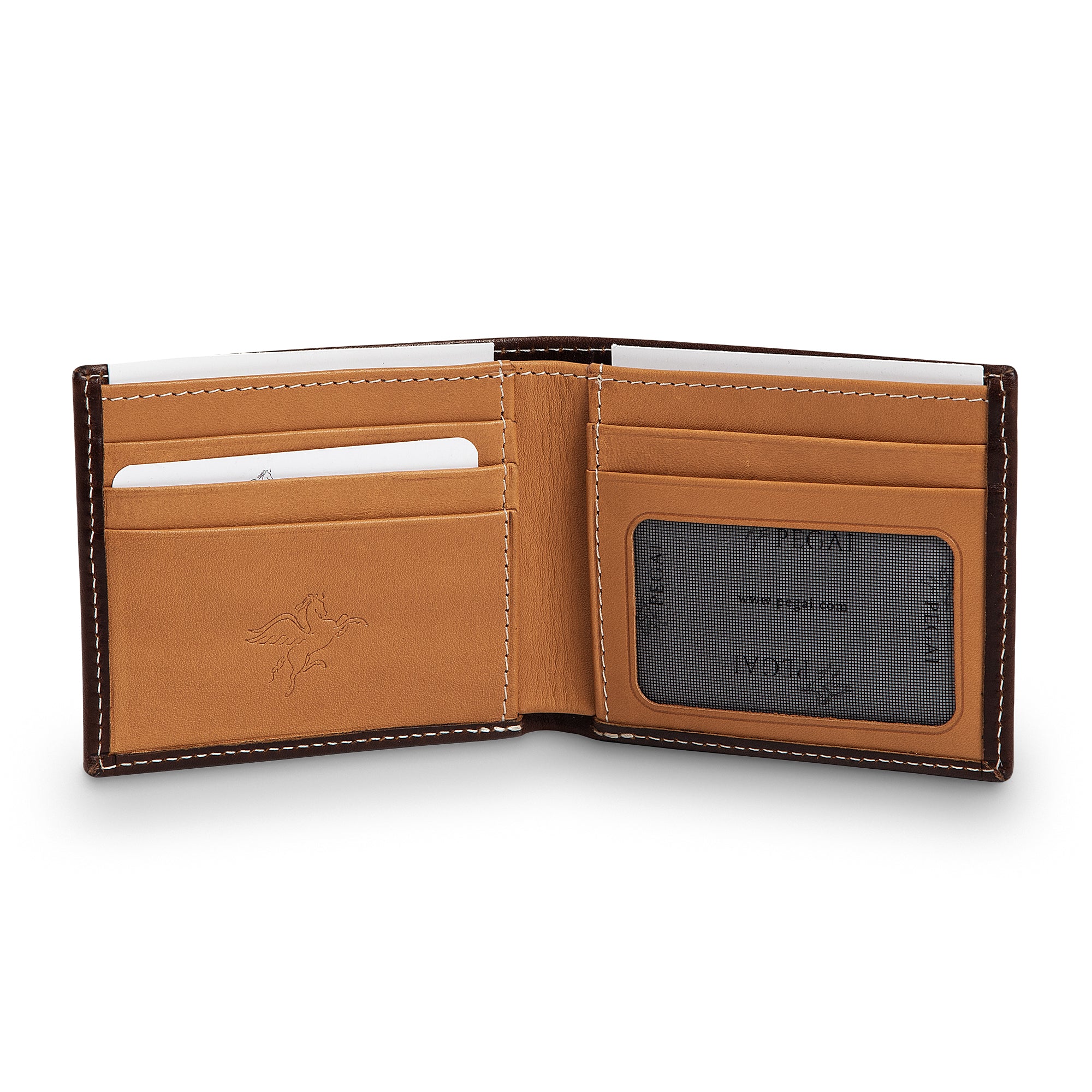 PEGAI Edward bifold wallet open with cards and bills loaded, showing tan interior card slots, mesh ID window, cream stitching on deep brown Djor veg-tan calfskin exterior.