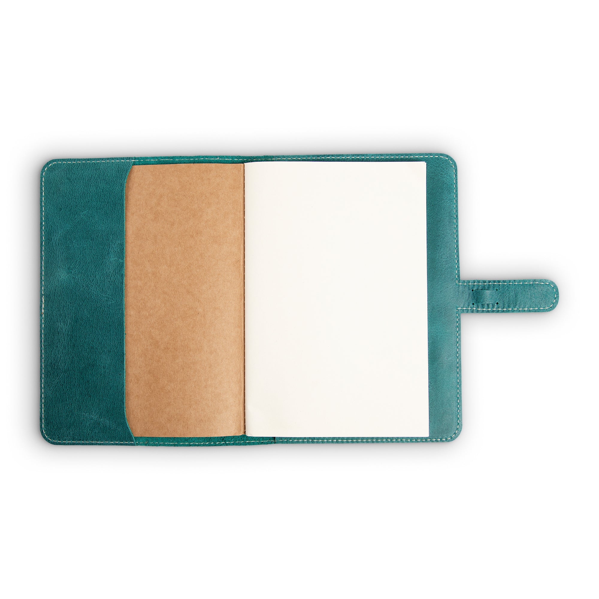 DuPage Turquoise Green journal open to show blank white paper refill on right, natural vachetta slip pocket at center, and turquoise Laodamas buffalo leather interior on left, with strap tab visible. 