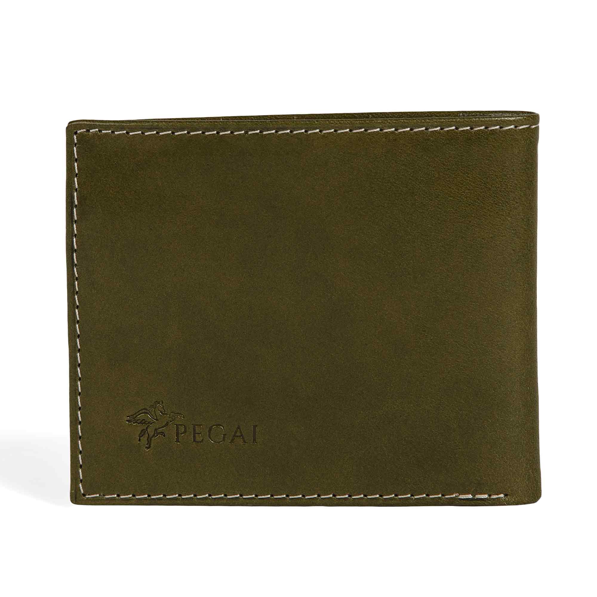 PEGAI Edward bifold wallet in olive green Cevoli veg-tan bull leather, closed front view with embossed PEGAI pegasus logo at lower left and cream contrast stitching along edges. 