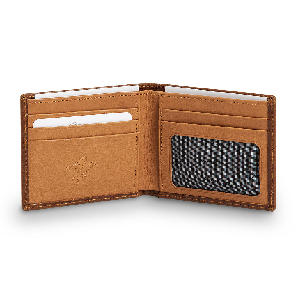 PEGAI Edward bifold wallet open with cards loaded, showing tan interior card slots and mesh ID window, tonal stitching on Taba Melegros pull-up calfskin exterior.