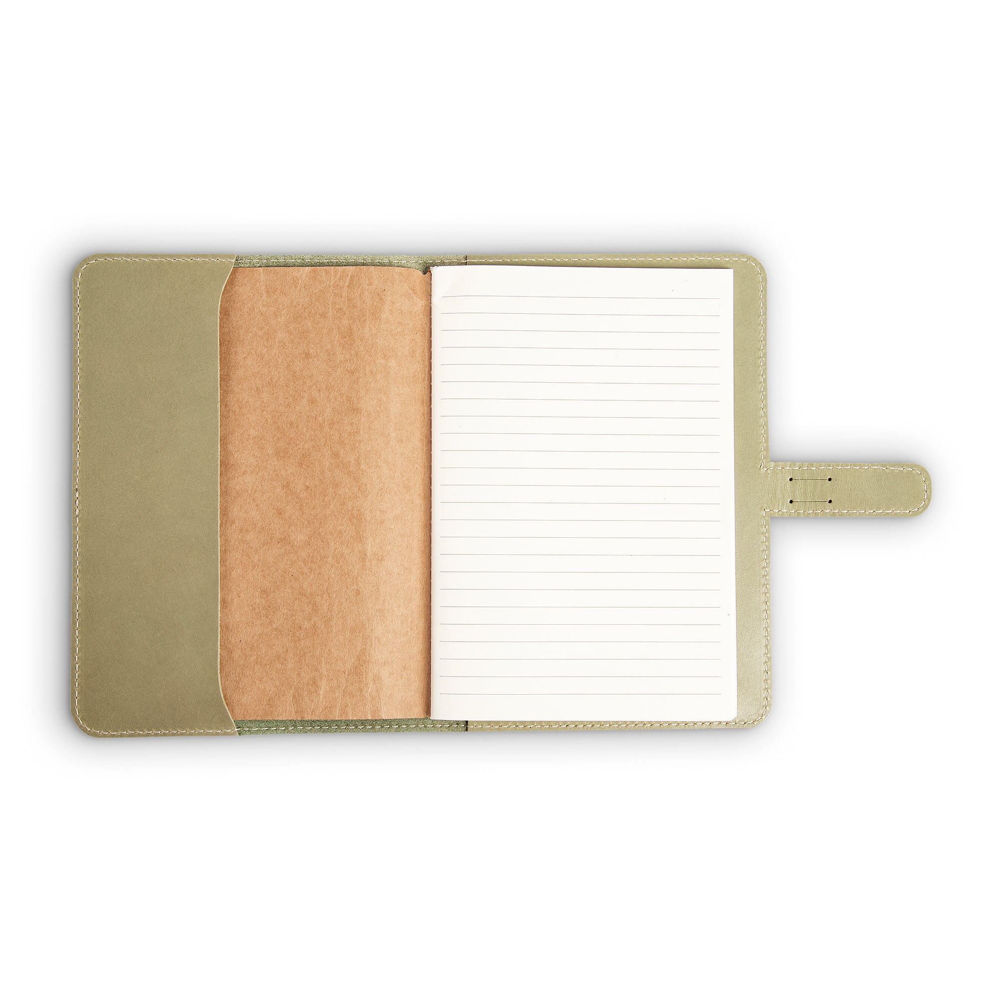 DuPage journal open to show lined paper refill on right and natural vachetta leather slip pocket on left, inside aqua green Iphitos buffalo leather cover with cream stitching.
