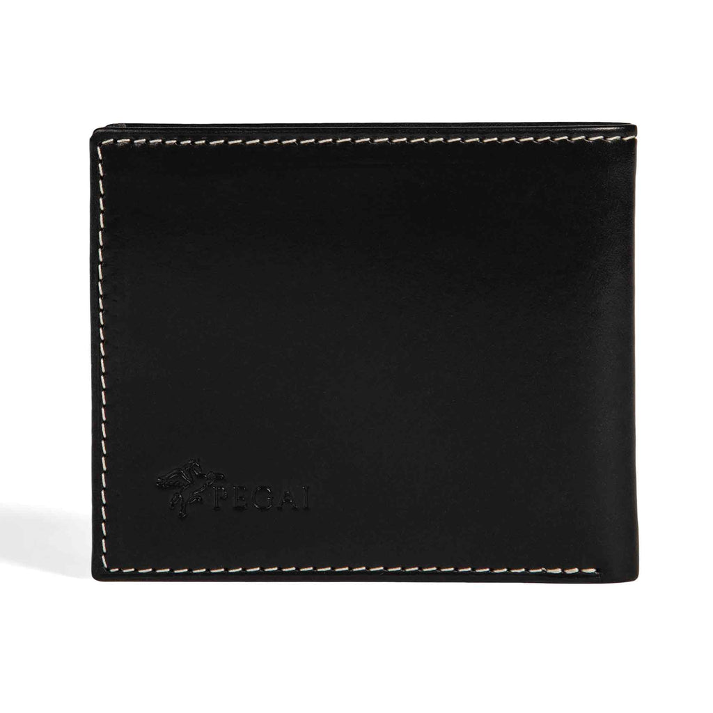 PEGAI Edward bifold wallet in Black Cevoli veg-tan bull leather, closed front view with embossed PEGAI pegasus logo at lower left and cream contrast stitching along edges.