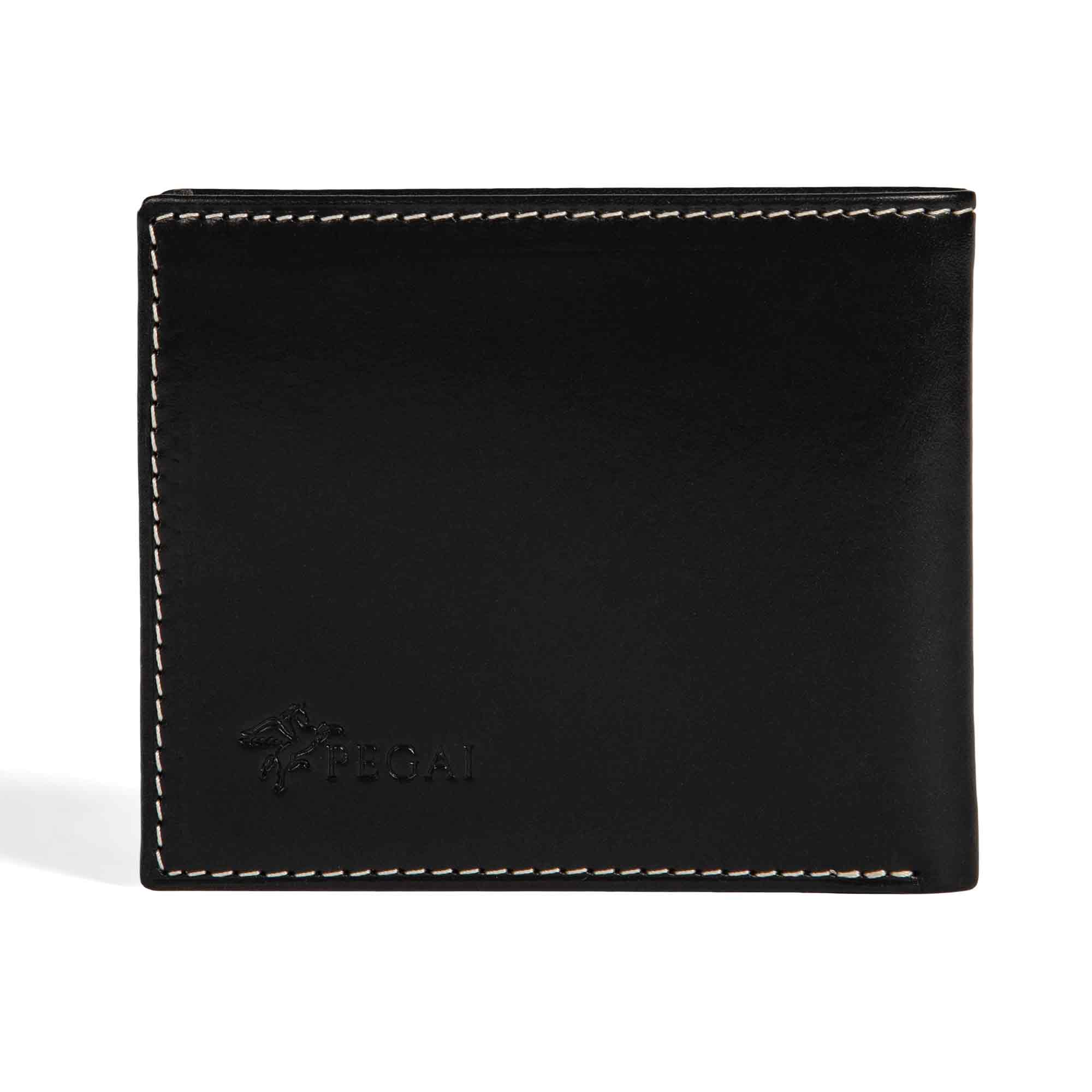 PEGAI Edward bifold wallet in Black Cevoli veg-tan bull leather, closed front view with embossed PEGAI pegasus logo at lower left and cream contrast stitching along edges.