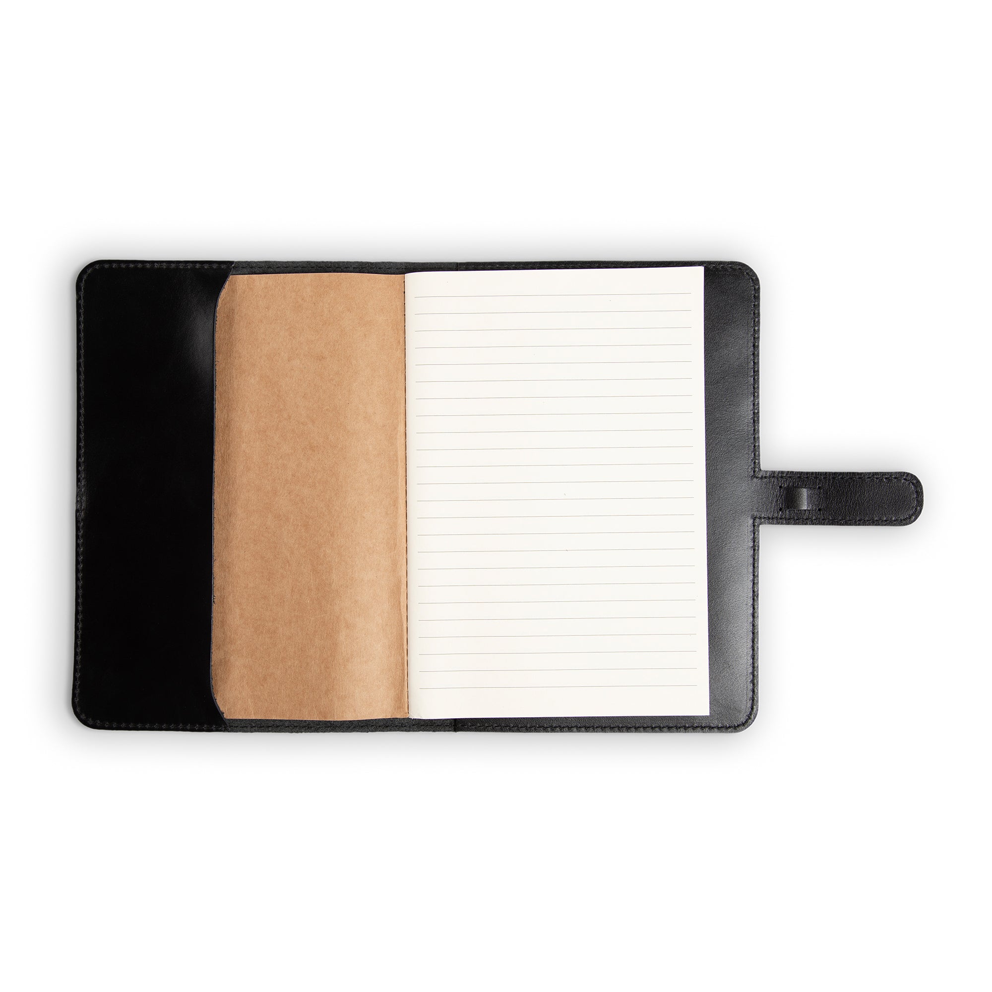 DuPage Black journal open to show lined paper refill on right and natural vachetta leather slip pocket on left, inside black Dexios calfskin cover with black perimeter stitching. 