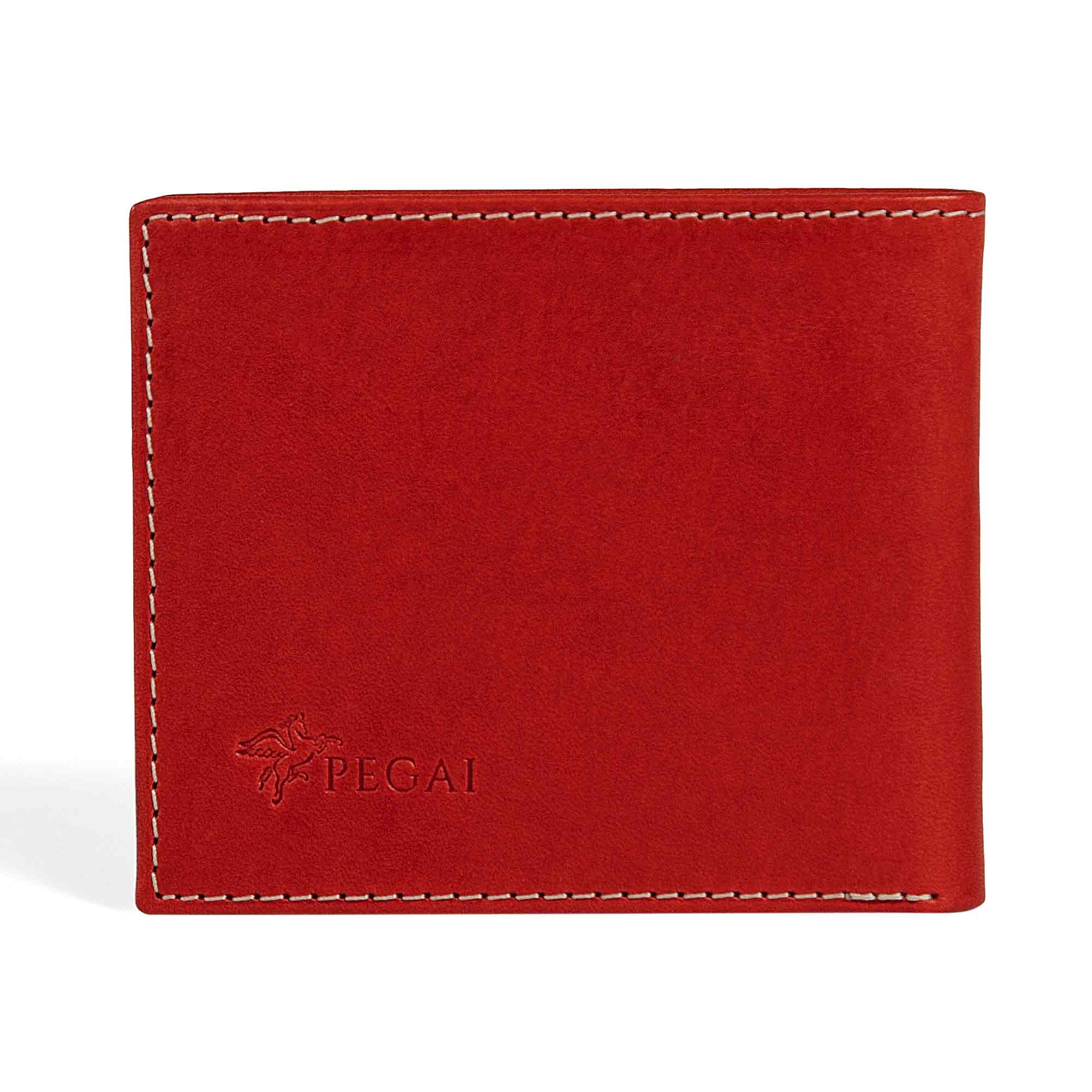 PEGAI Edward bifold wallet in red Cevoli veg-tan bull leather, closed front view with embossed PEGAI pegasus logo at lower left and cream contrast stitching along edges.