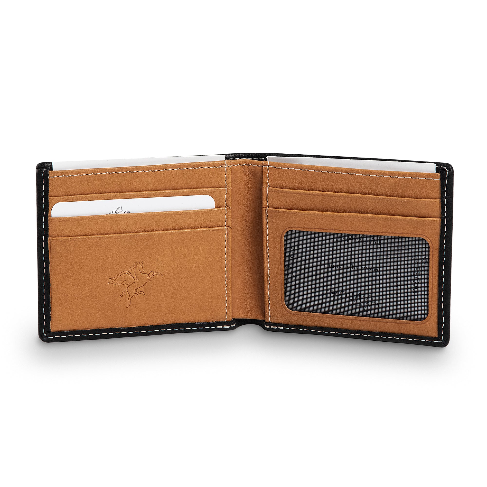 PEGAI Edward bifold wallet open with cards and bills loaded, showing tan interior card slots, mesh ID window, and cream stitching on black Dymnos pull-up calfskin exterior.