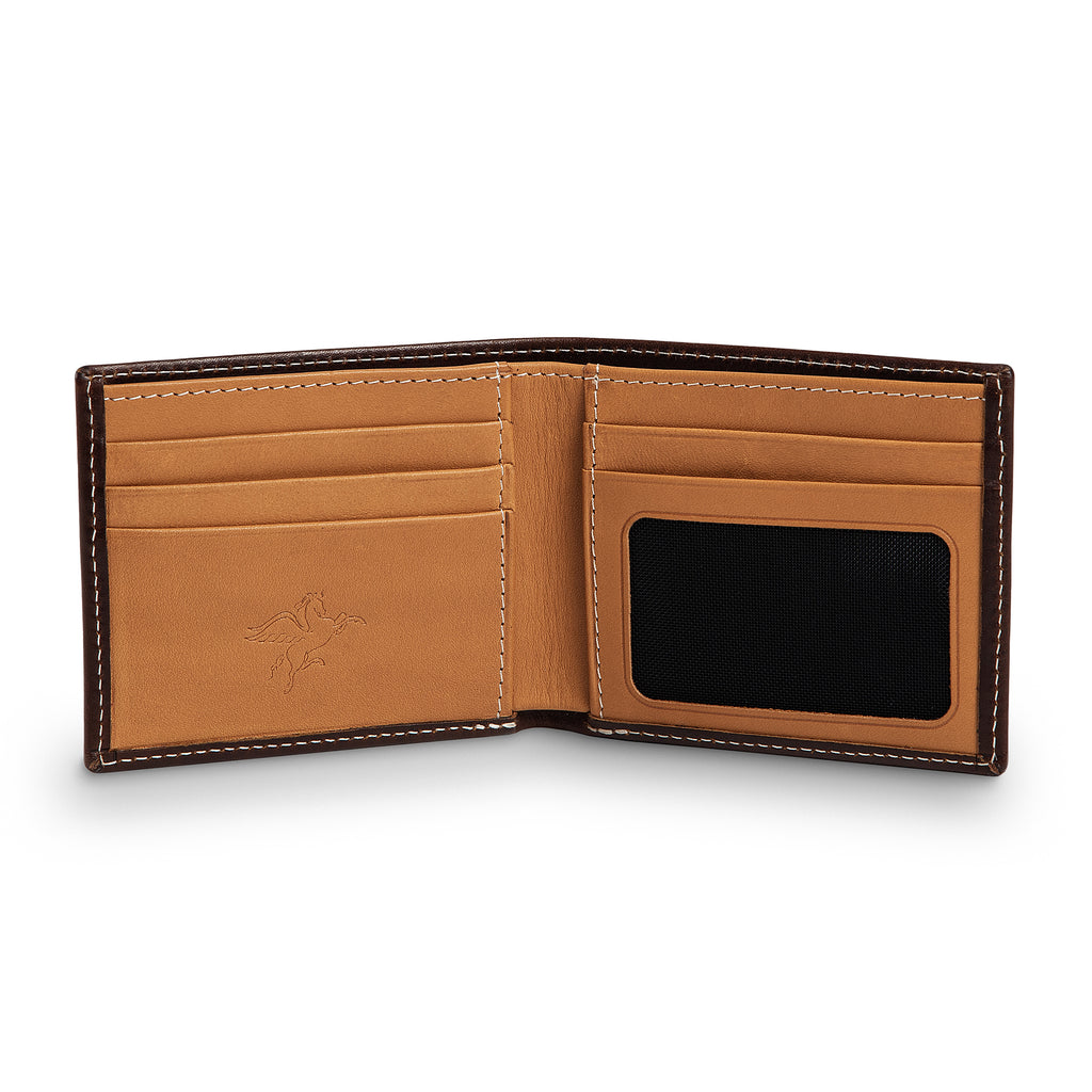 PEGAI Edward bifold wallet fully open and empty: tan interior with 4 card slots left, mesh ID window right, cream contrast stitching, embossed PEGAI pegasus logo on bill compartment.