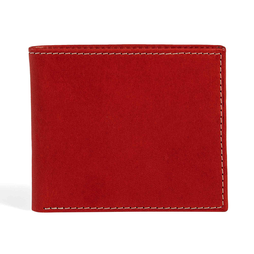 PEGAI Edward bifold wallet in red Cevoli veg-tan bull leather, closed back view showing semi-aniline finish with natural hide character and cream contrast stitching.
