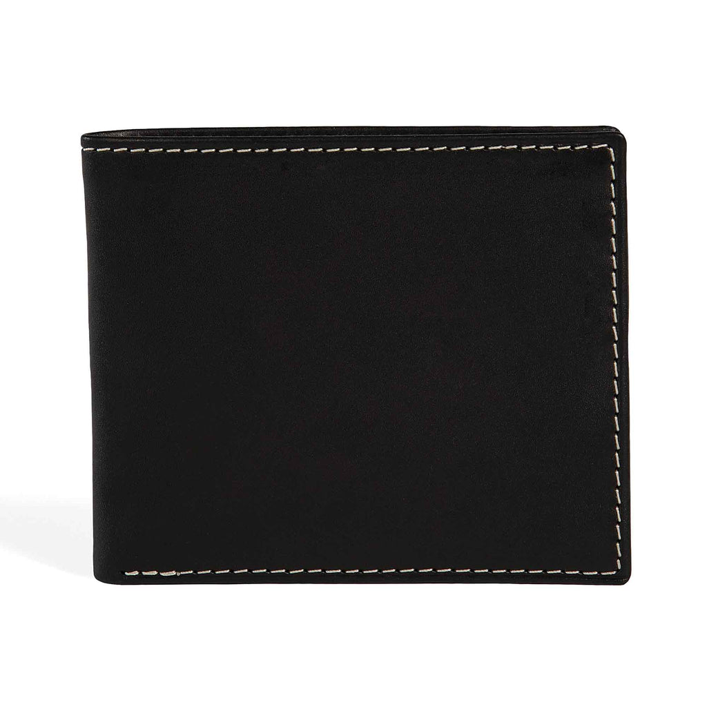 PEGAI Edward bifold wallet in Black Cevoli veg-tan bull leather, closed back view showing smooth semi-aniline finish with natural hide character and cream contrast stitching.
