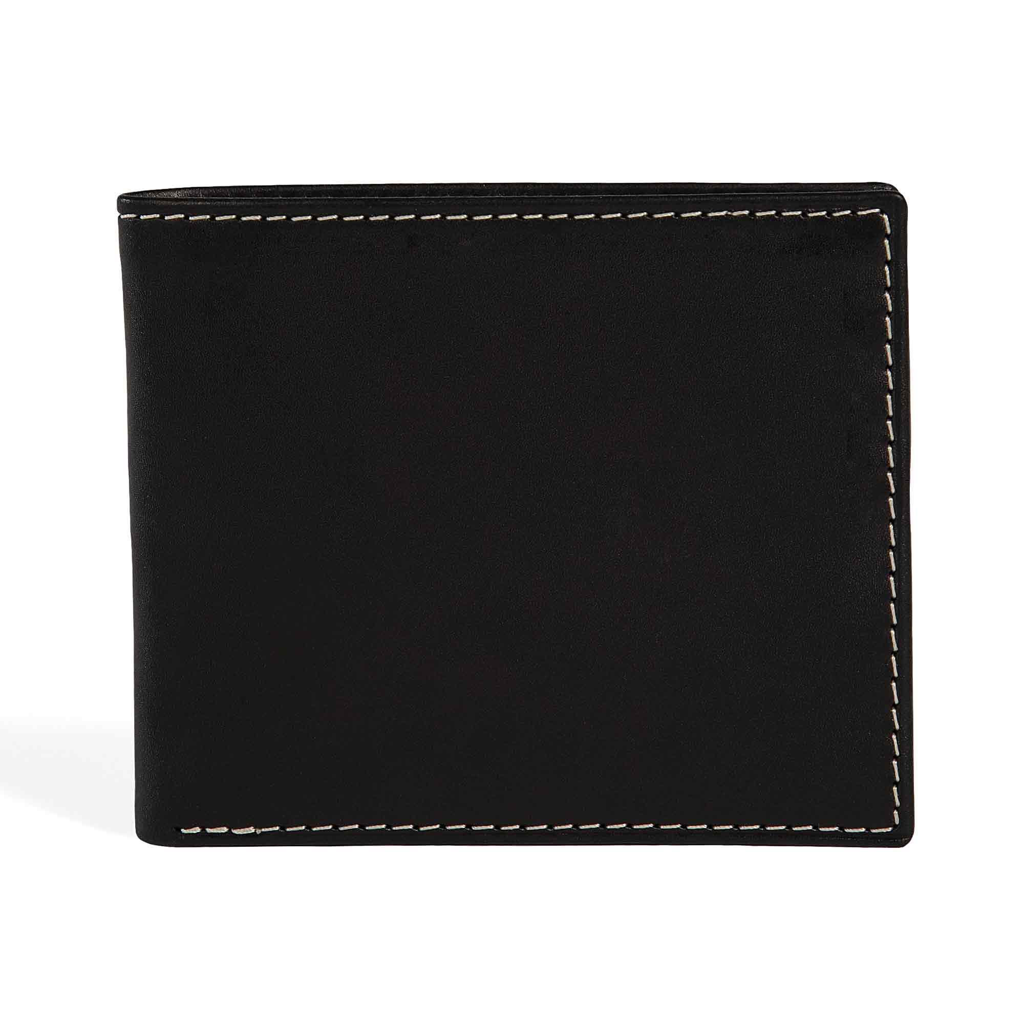 PEGAI Edward bifold wallet in Black Cevoli veg-tan bull leather, closed back view showing smooth semi-aniline finish with natural hide character and cream contrast stitching.