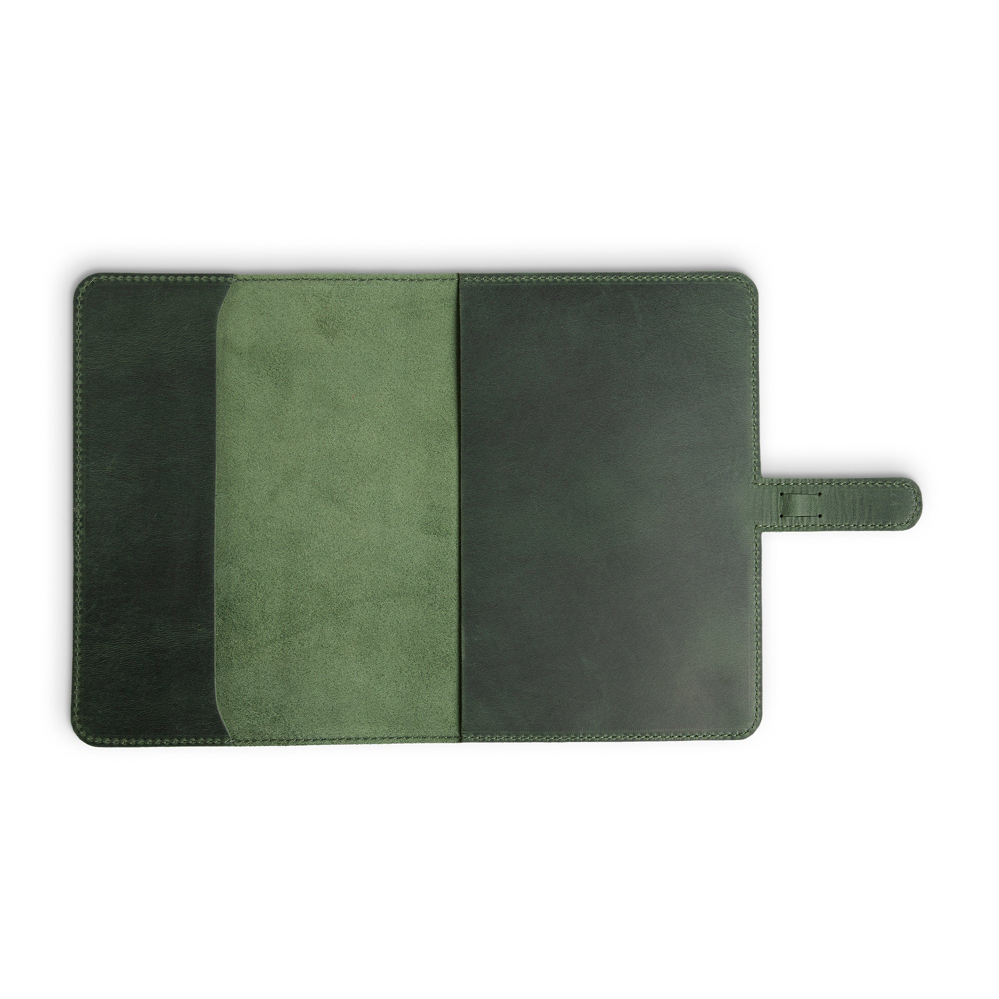 Interior of forest green DuPage leather journal fully open and empty, showing pull-up Dallas Crazy Horse lining on both panels with visible suede-like pocket insert on left side.