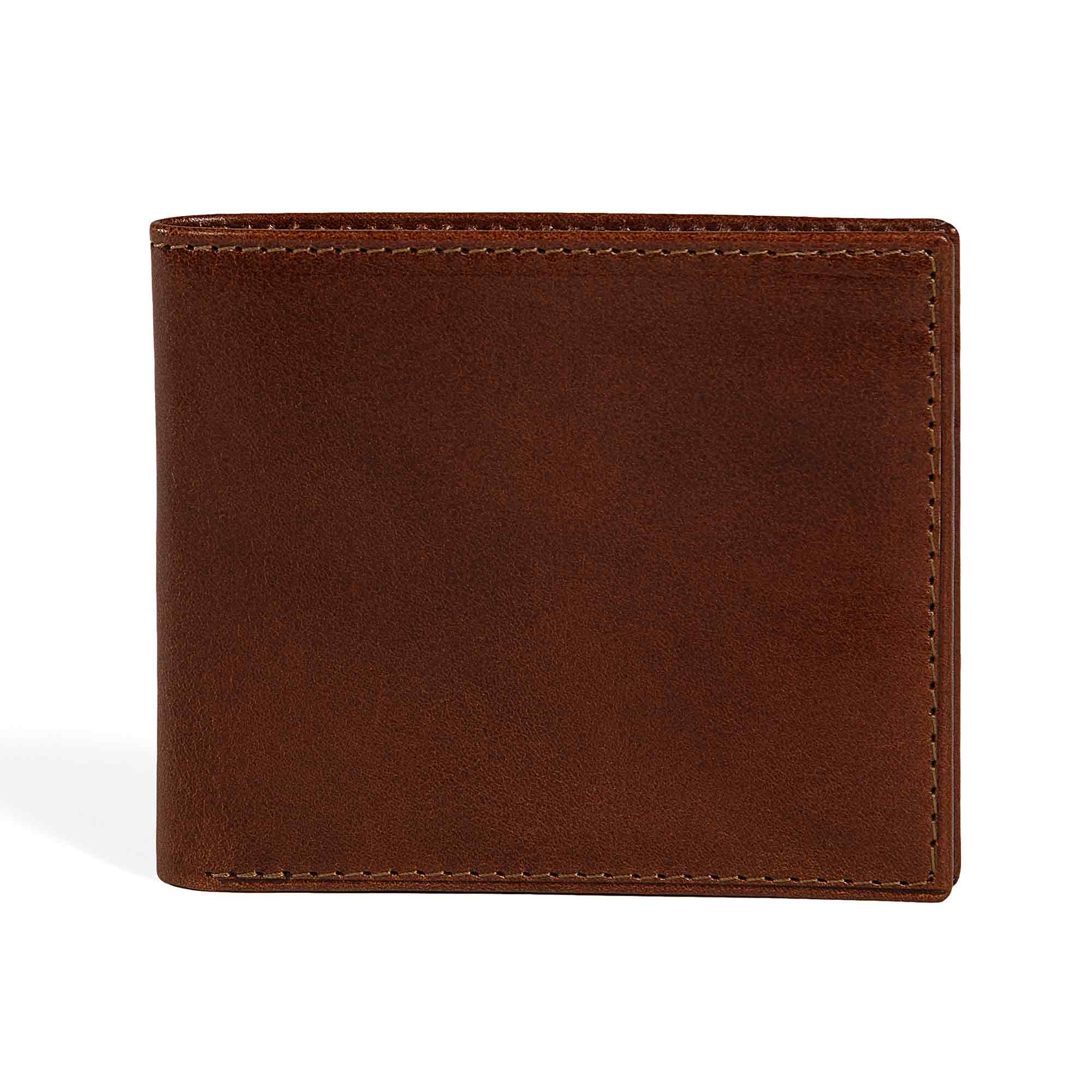 PEGAI Edward bifold wallet in rum brown Old England veg-tan bull leather, closed back view showing hand-dyed aniline finish with warm tonal variation and tan contrast stitching.