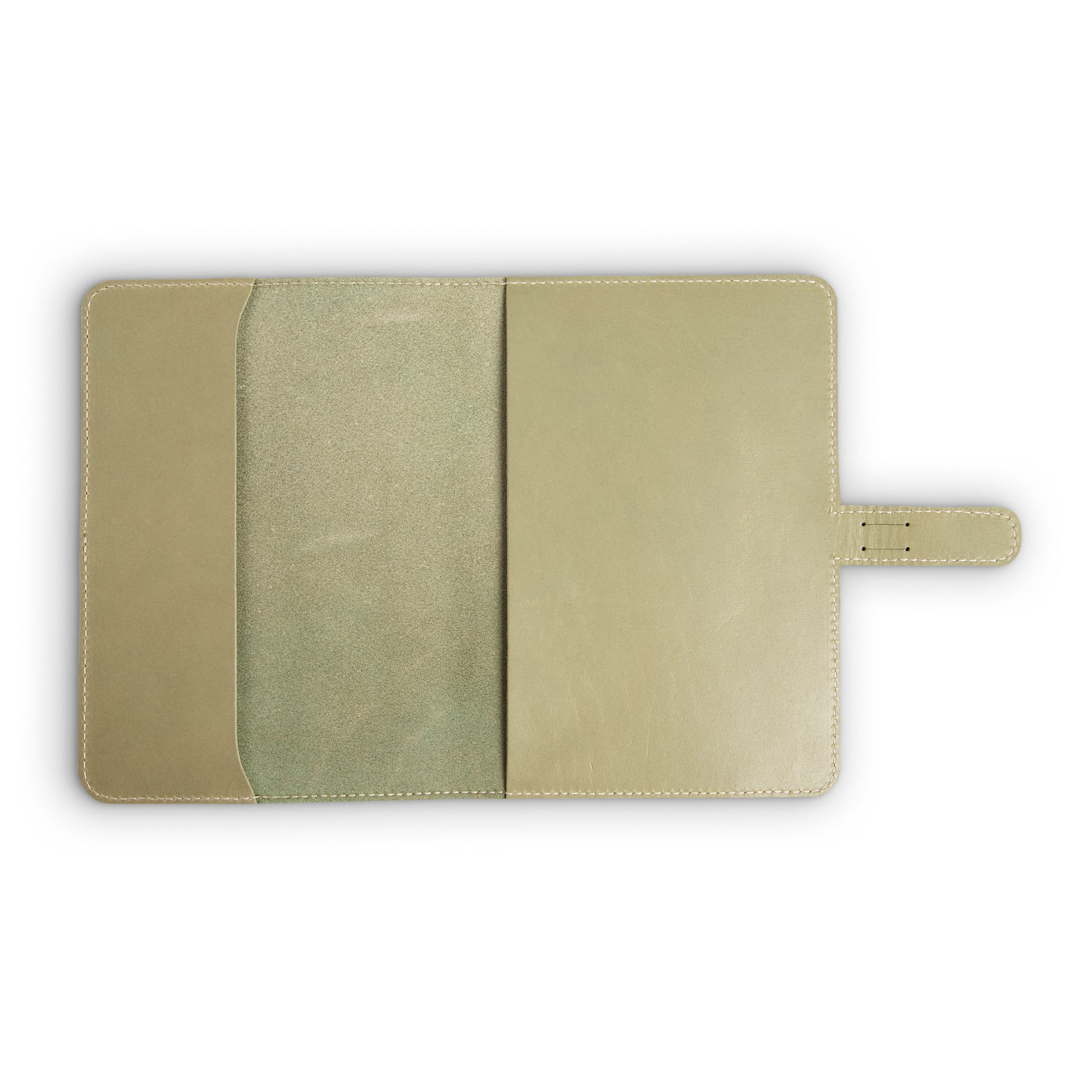 Interior of aqua green DuPage leather journal fully open and empty, showing pull-up buffalo leather lining on both panels, slip pocket on left, cream stitching, and strap tab on right. 