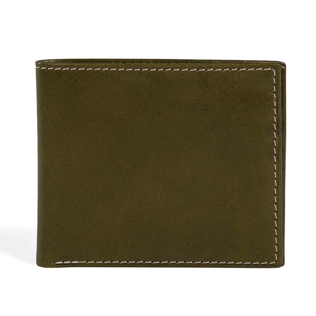 PEGAI Edward bifold wallet in olive green Cevoli veg-tan bull leather, closed back view showing semi-aniline finish with natural hide character and cream contrast stitching.