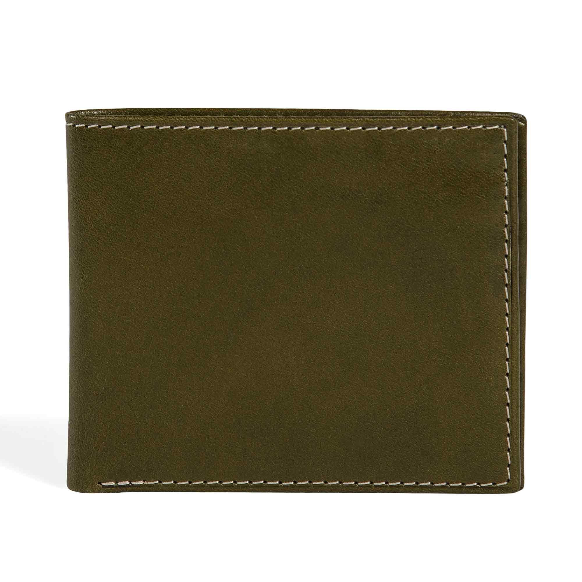 PEGAI Edward bifold wallet in olive green Cevoli veg-tan bull leather, closed back view showing semi-aniline finish with natural hide character and cream contrast stitching.
