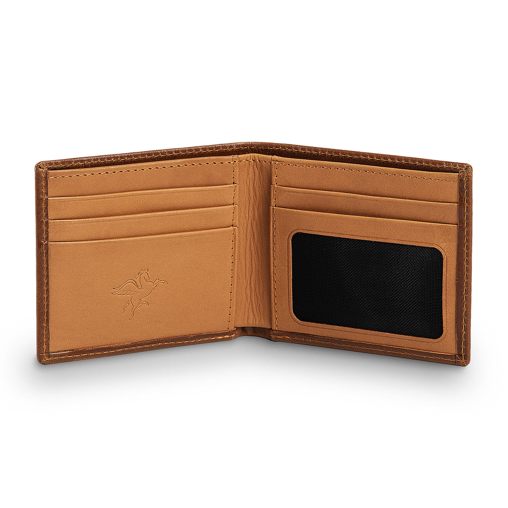 PEGAI Edward bifold wallet fully open and empty: tan interior with 4 card slots left, mesh ID window right, tonal stitching, embossed PEGAI pegasus logo on bill compartment. 