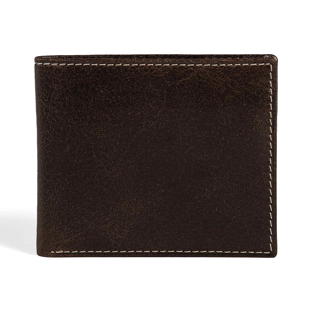 PEGAI Edward bifold wallet in dark brown Old England veg-tan bull leather, closed back view showing hand-dyed aniline finish with natural hide grain and cream contrast stitching. 