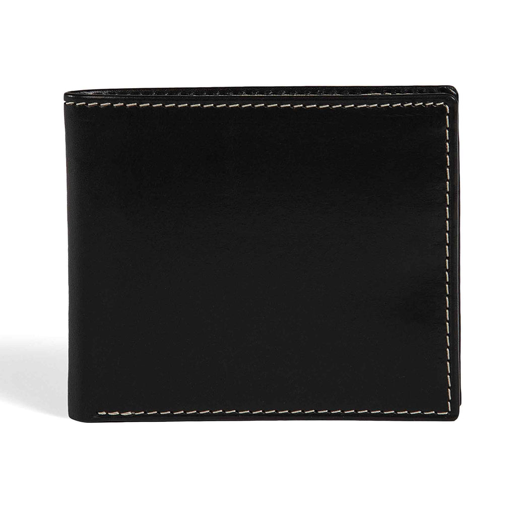 PEGAI Edward bifold wallet in Black Cevoli veg-tan bull leather, closed back view showing smooth semi-aniline finish with natural hide character and cream contrast stitching.