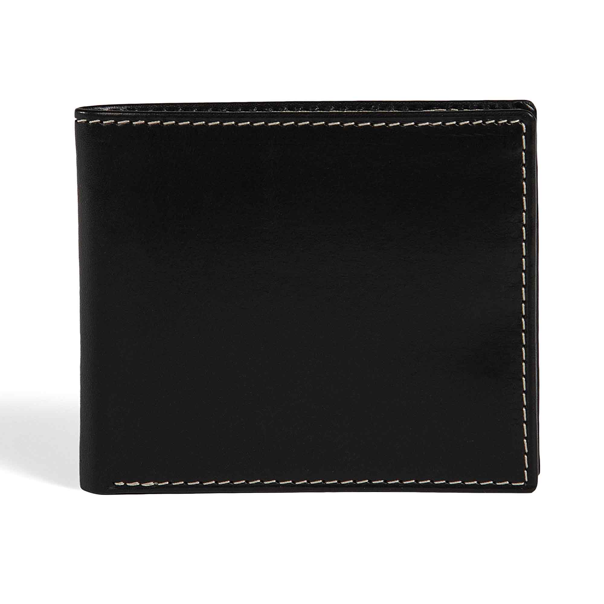 PEGAI Edward bifold wallet in Black Cevoli veg-tan bull leather, closed back view showing smooth semi-aniline finish with natural hide character and cream contrast stitching.