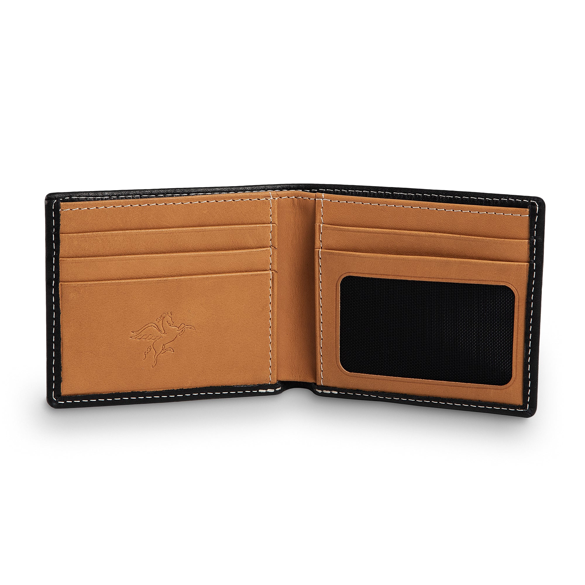 PEGAI Edward bifold wallet fully open and empty: tan interior with 4 card slots left, mesh ID window right, cream contrast stitching, embossed PEGAI pegasus logo on bill compartment. 
