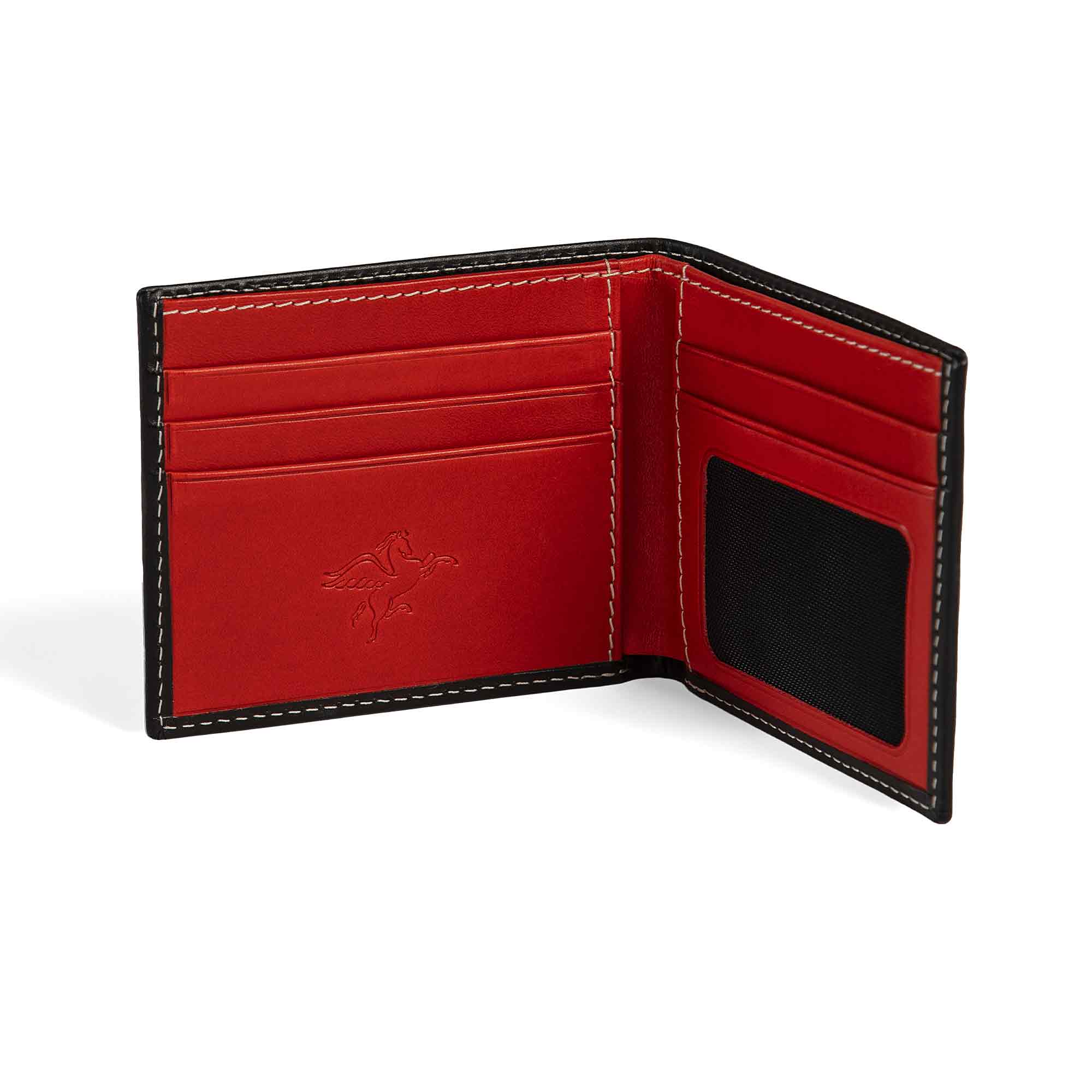 PEGAI Edward bifold wallet open at an angle, highlighting red interior with 4 card slots left, mesh ID window and 2 additional slots right, cream stitching on Black exterior.