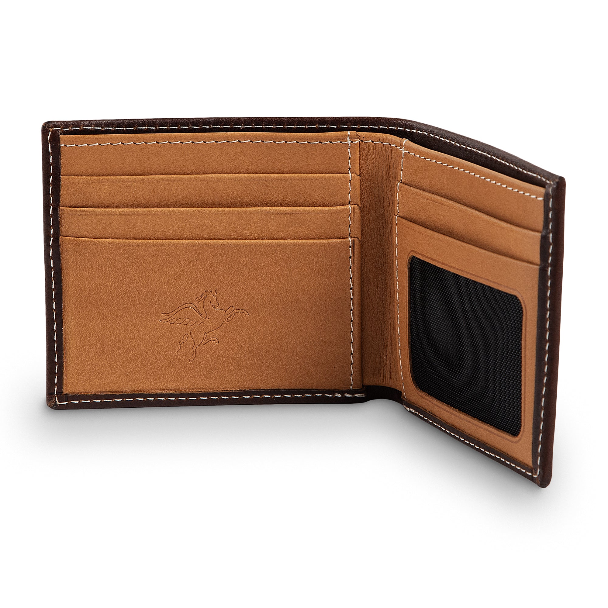 PEGAI Edward bifold wallet open at an angle, highlighting tan interior with 4 card slots left, mesh ID window and 2 additional slots right, cream stitching on deep brown exterior.