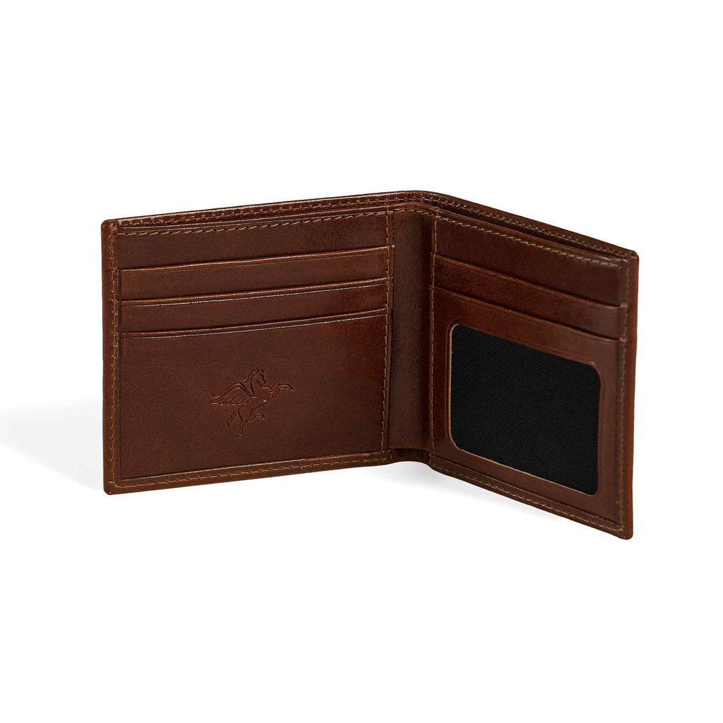 PEGAI Edward bifold wallet open at an angle, highlighting rich brown interior with 4 card slots left, mesh ID window and 2 additional slots right, tan stitching on rum brown exterior. 