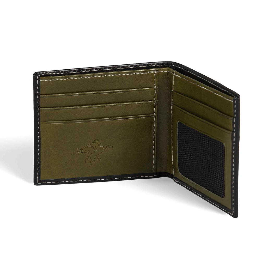 PEGAI Edward bifold wallet open at an angle, highlighting olive green interior with 4 card slots left, mesh ID window and 2 additional slots right, cream stitching on Black exterior. 