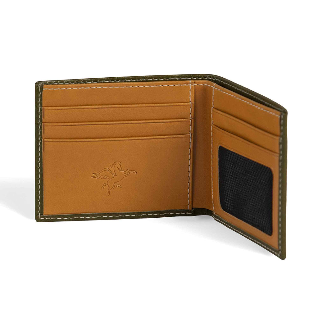 PEGAI Edward bifold wallet open at an angle, highlighting tan brown interior with 4 card slots left, mesh ID window and 2 additional slots right, cream stitching on olive green exterior.