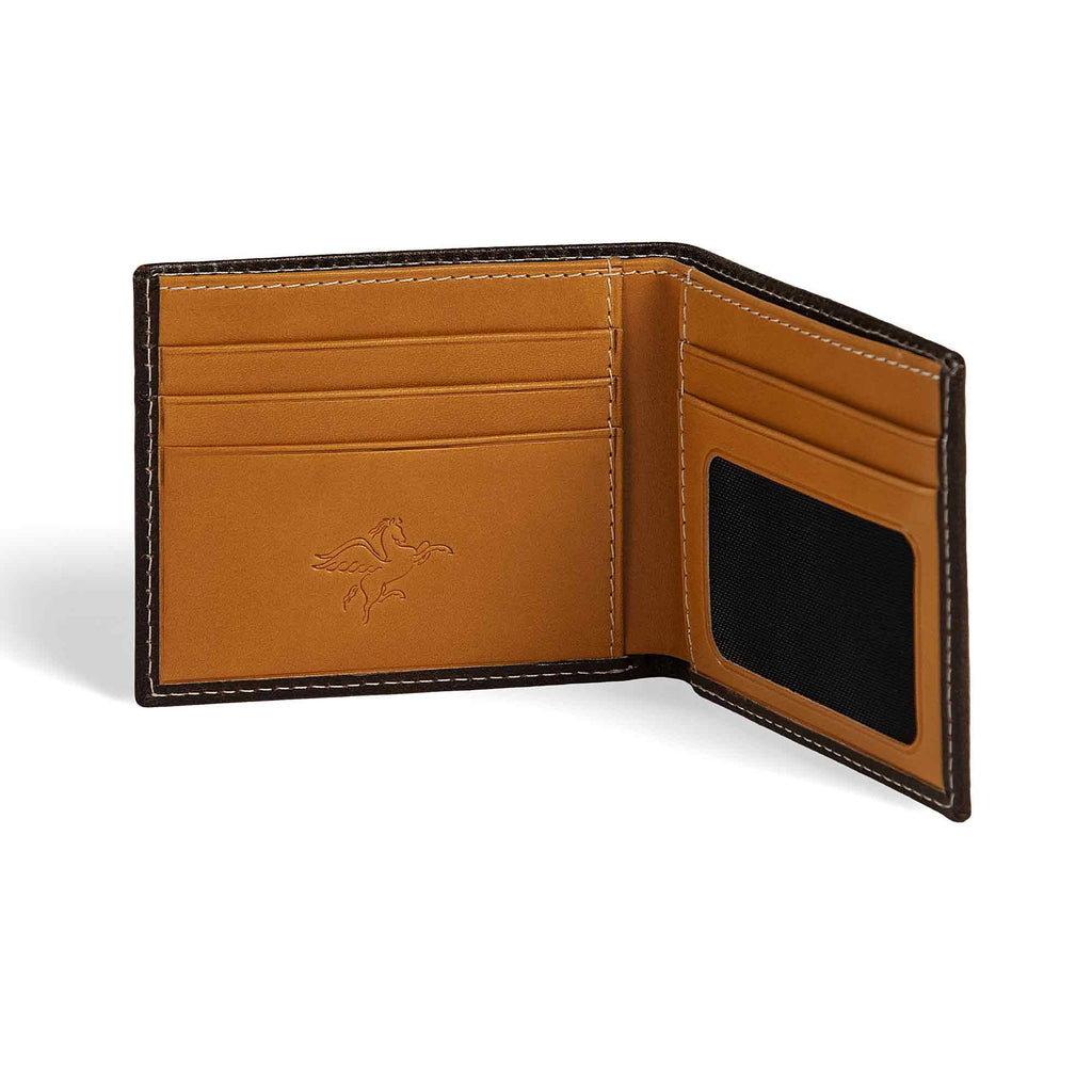 PEGAI Edward bifold wallet open at an angle, highlighting tan interior with 4 card slots left, mesh ID window and 2 additional slots right, cream stitching on dark brown exterior. 