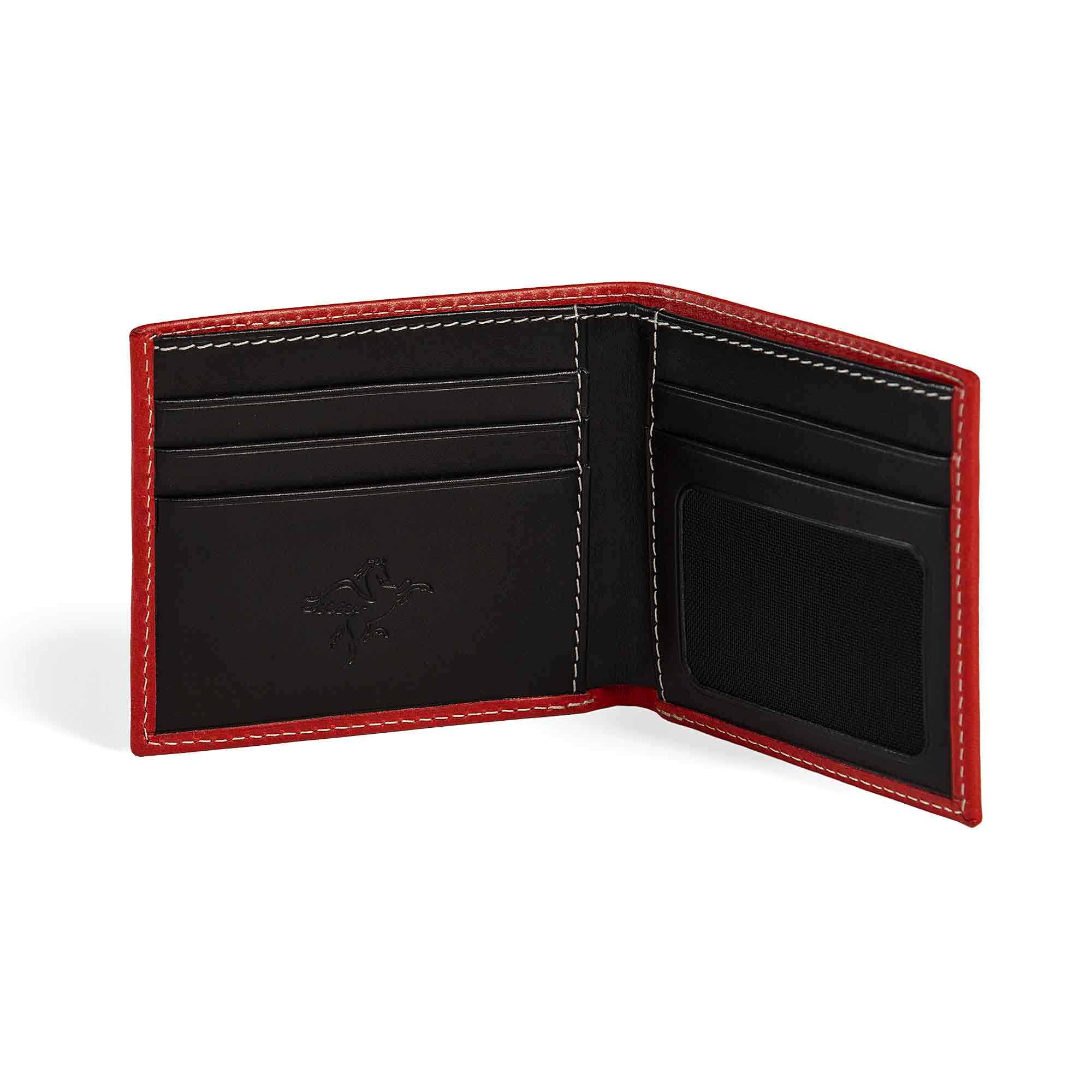 PEGAI Edward bifold wallet open at an angle, highlighting black interior with 4 card slots left, mesh ID window and 2 additional slots right, cream stitching on red exterior.