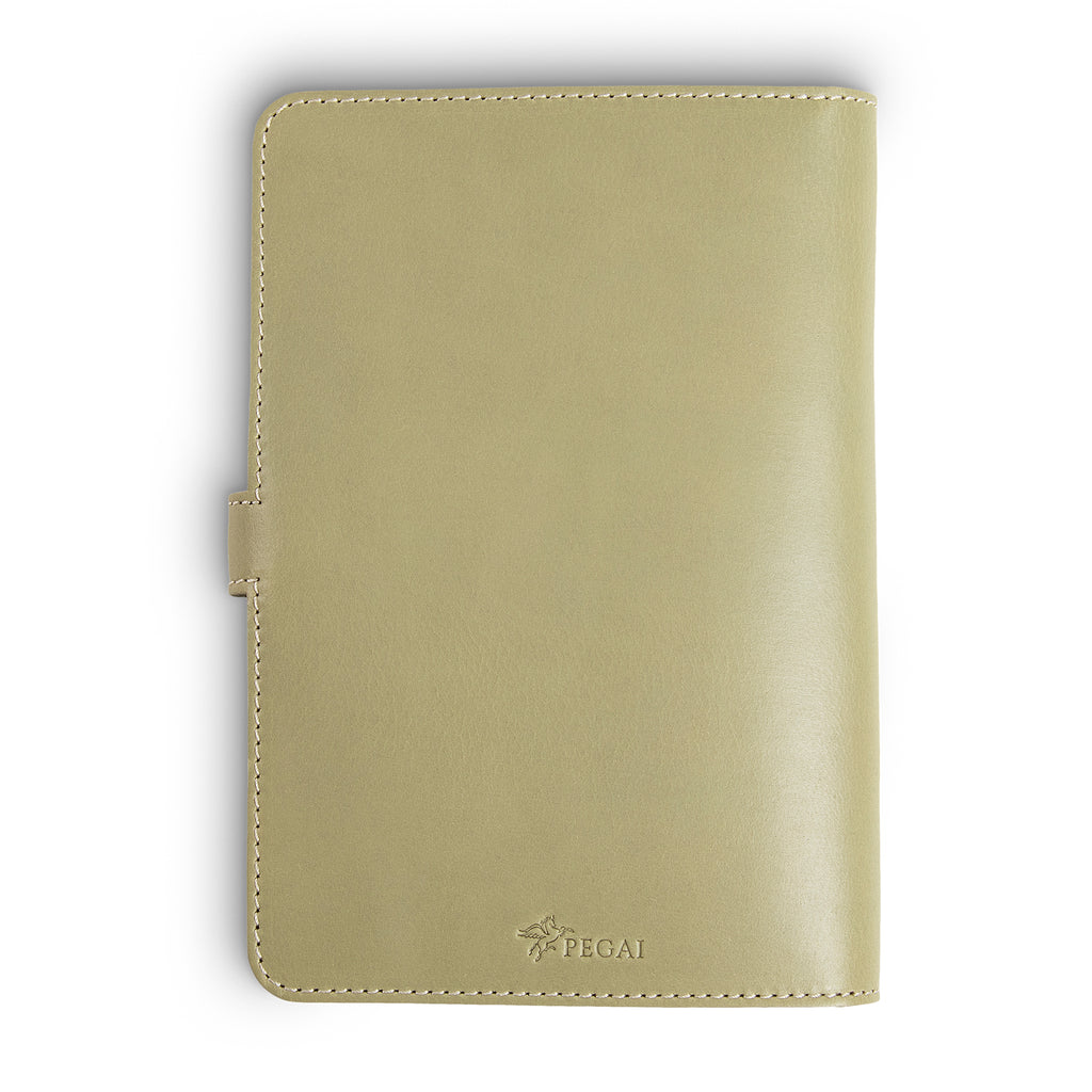 Back cover of aqua green DuPage leather journal showing smooth Iphitos buffalo leather surface, cream perimeter stitching, side strap closure tab, and embossed PEGAI logo at bottom center.