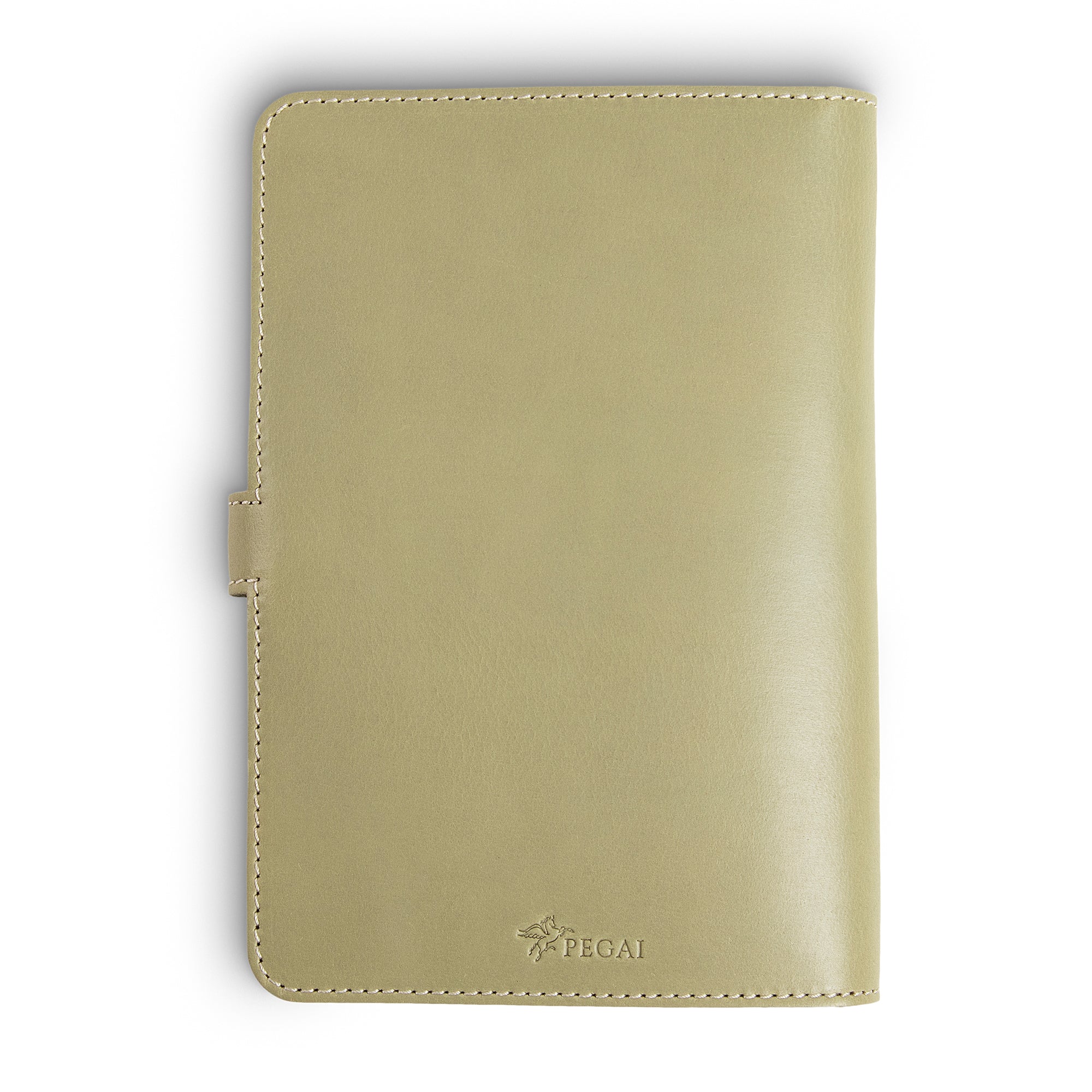 Back cover of aqua green DuPage leather journal showing smooth Iphitos buffalo leather surface, cream perimeter stitching, side strap closure tab, and embossed PEGAI logo at bottom center.