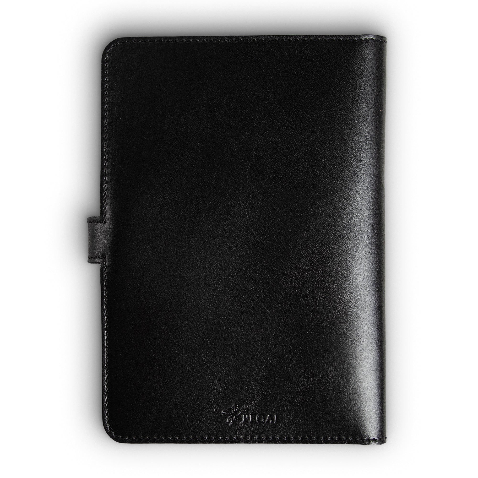 Back cover of black DuPage leather journal showing smooth Dexios calfskin surface, black perimeter stitching, side strap closure tab, and embossed PEGAI logo at bottom center. 