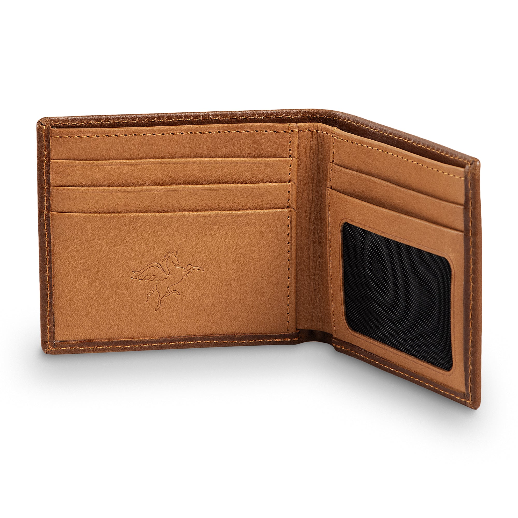 PEGAI Edward bifold wallet open at an angle, highlighting tan interior with 4 card slots left, mesh ID window and 2 additional slots right, tonal stitching on Taba exterior. 